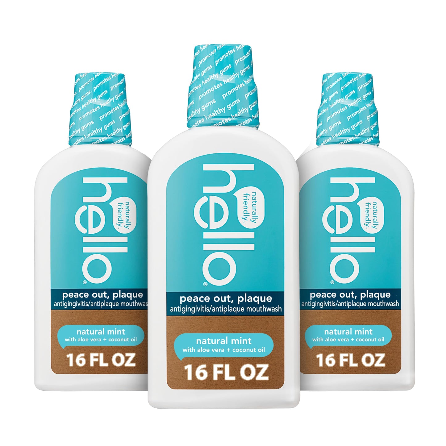 Hello Peace Out Plaque Mouthwash — Fluoride-Free, Alcohol-Free, 3 x 16oz