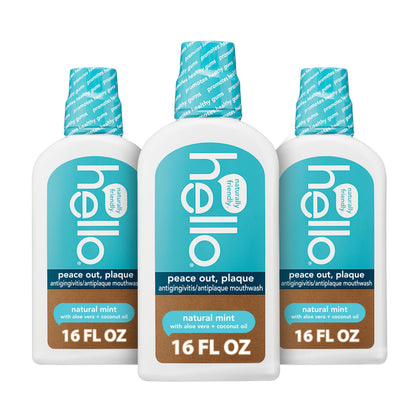 Hello Peace Out Plaque Mouthwash — Fluoride-Free, Alcohol-Free, 3 x 16oz