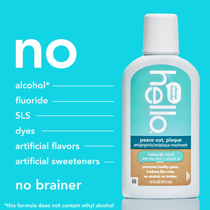 Hello Peace Out Plaque Mouthwash — Fluoride-Free, Alcohol-Free, 3 x 16oz