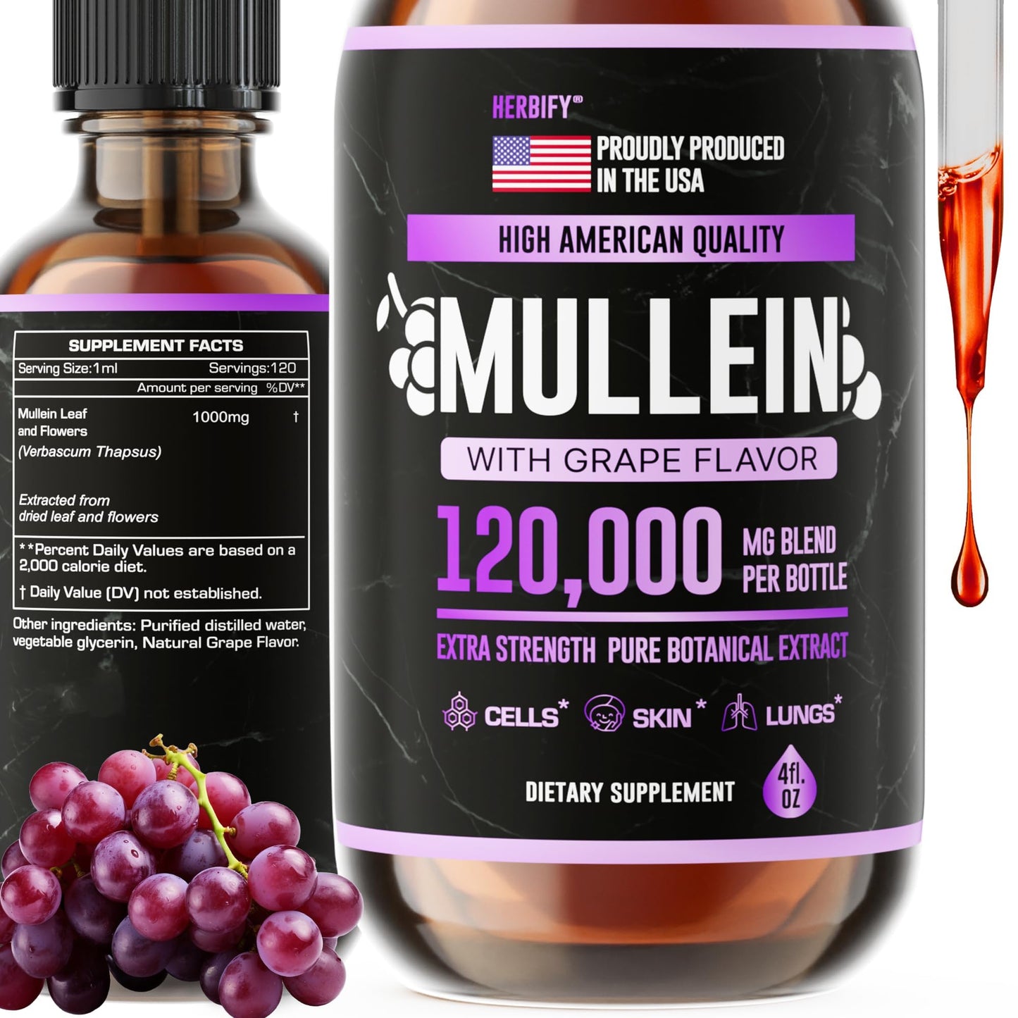 Herbify Mullein Drops Lung & Immune Support 4oz Grape