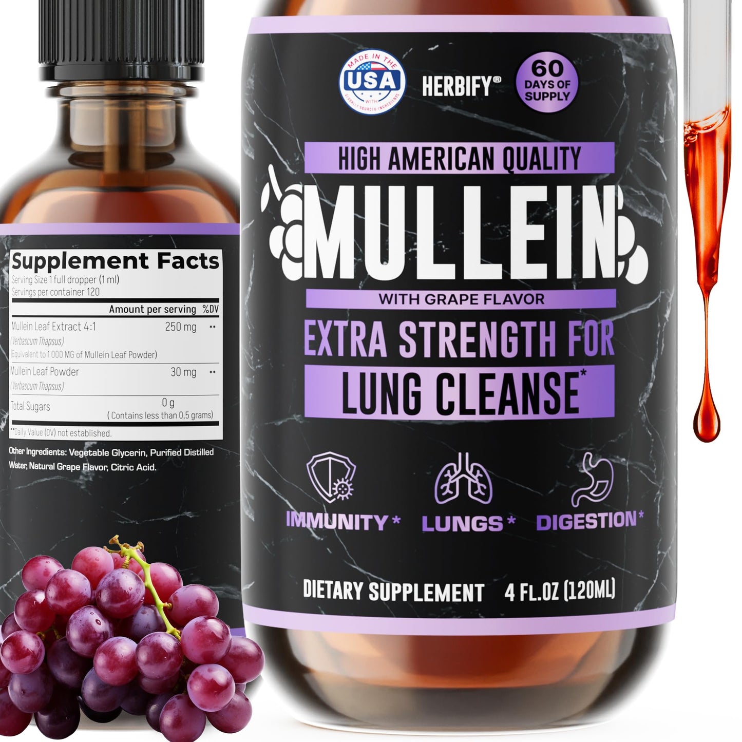 Herbify Mullein Drops Lung & Immune Support 4oz Grape
