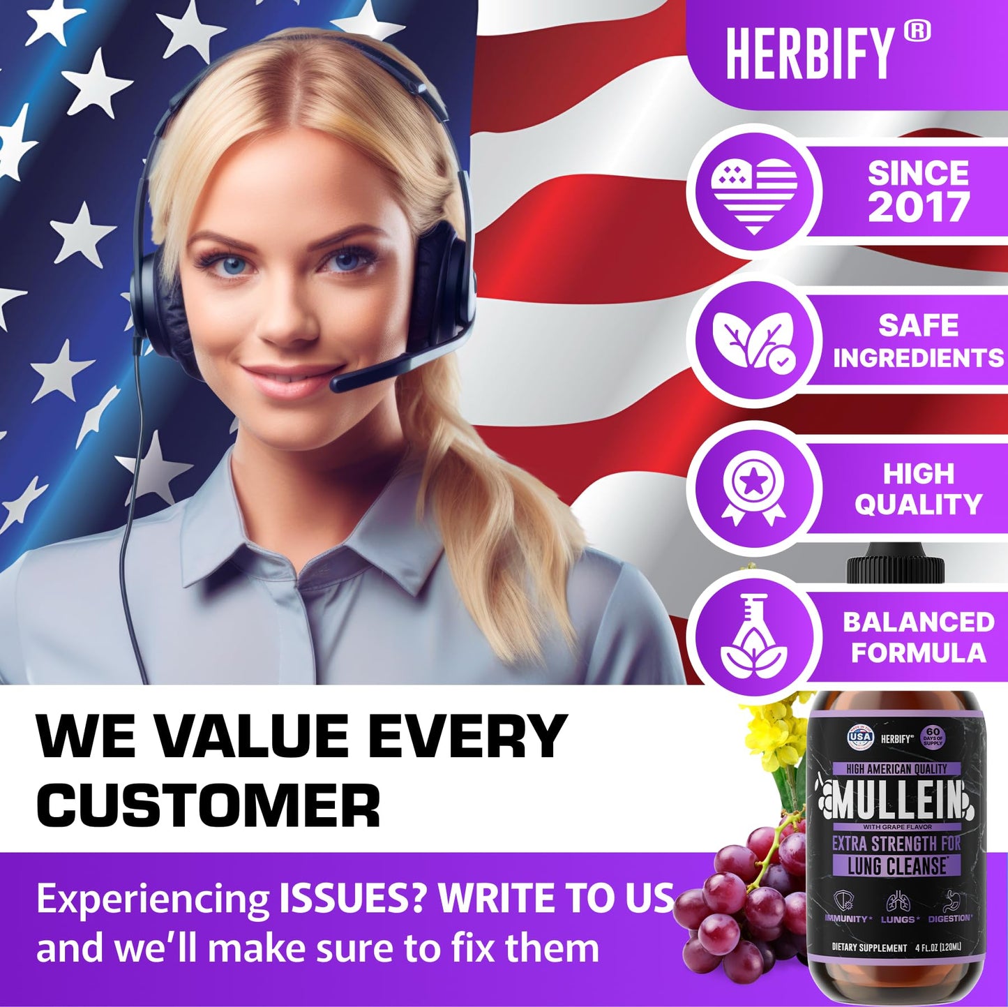 Herbify Mullein Drops Lung & Immune Support 4oz Grape