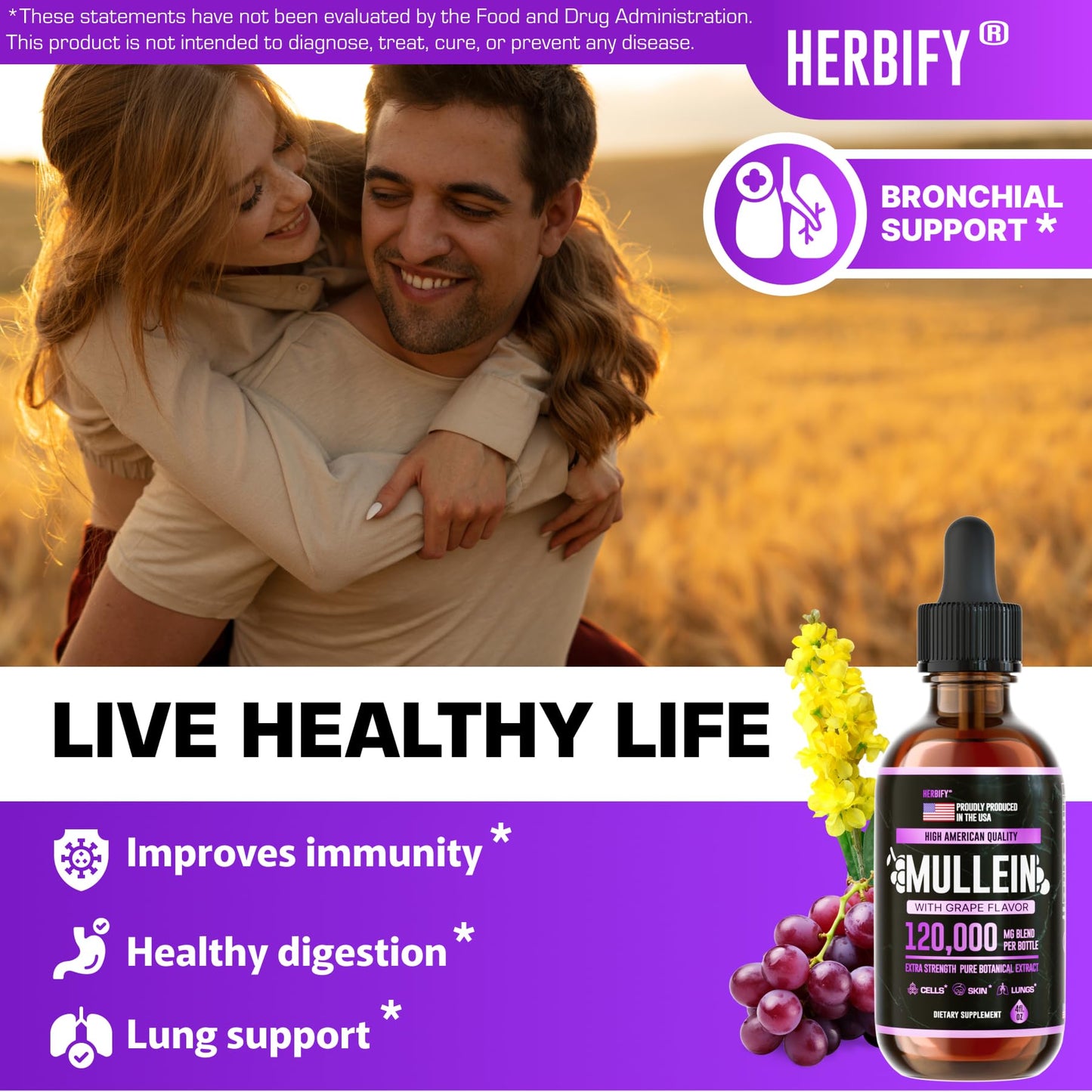 Herbify Mullein Drops Lung & Immune Support 4oz Grape