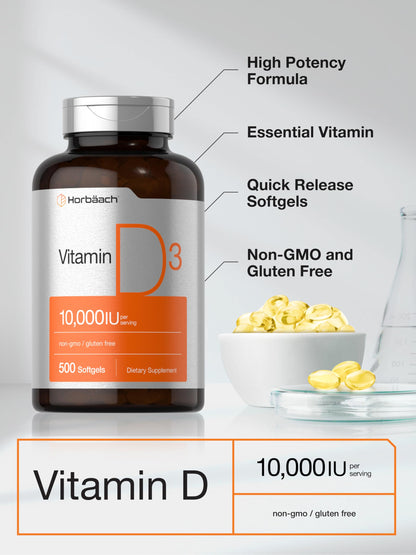Horbaach Vitamin D3 10,000 IU — 500 Softgels