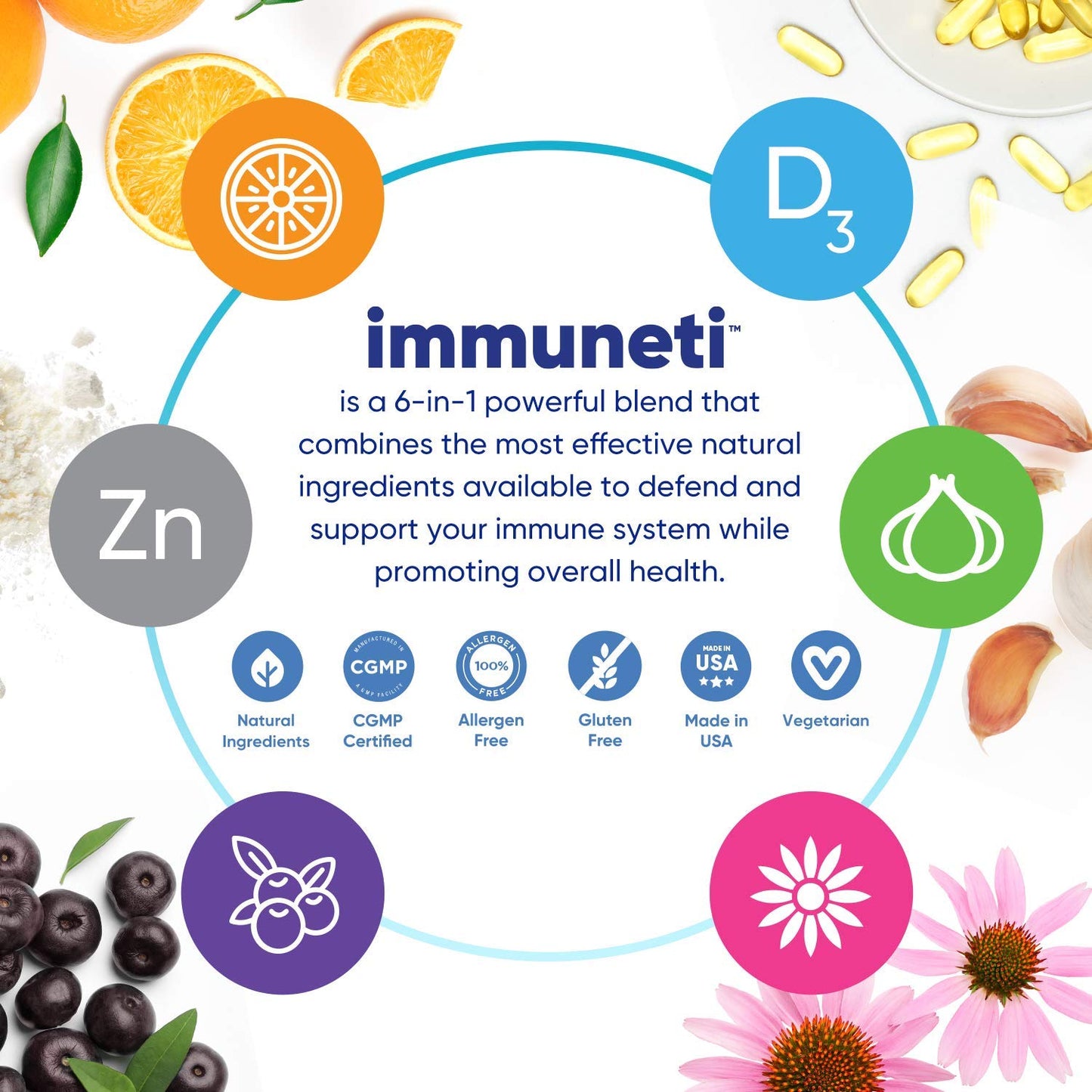 Immuneti 6-in-1 Immune Support — Vitamin C, D3, Zinc, Elderberry