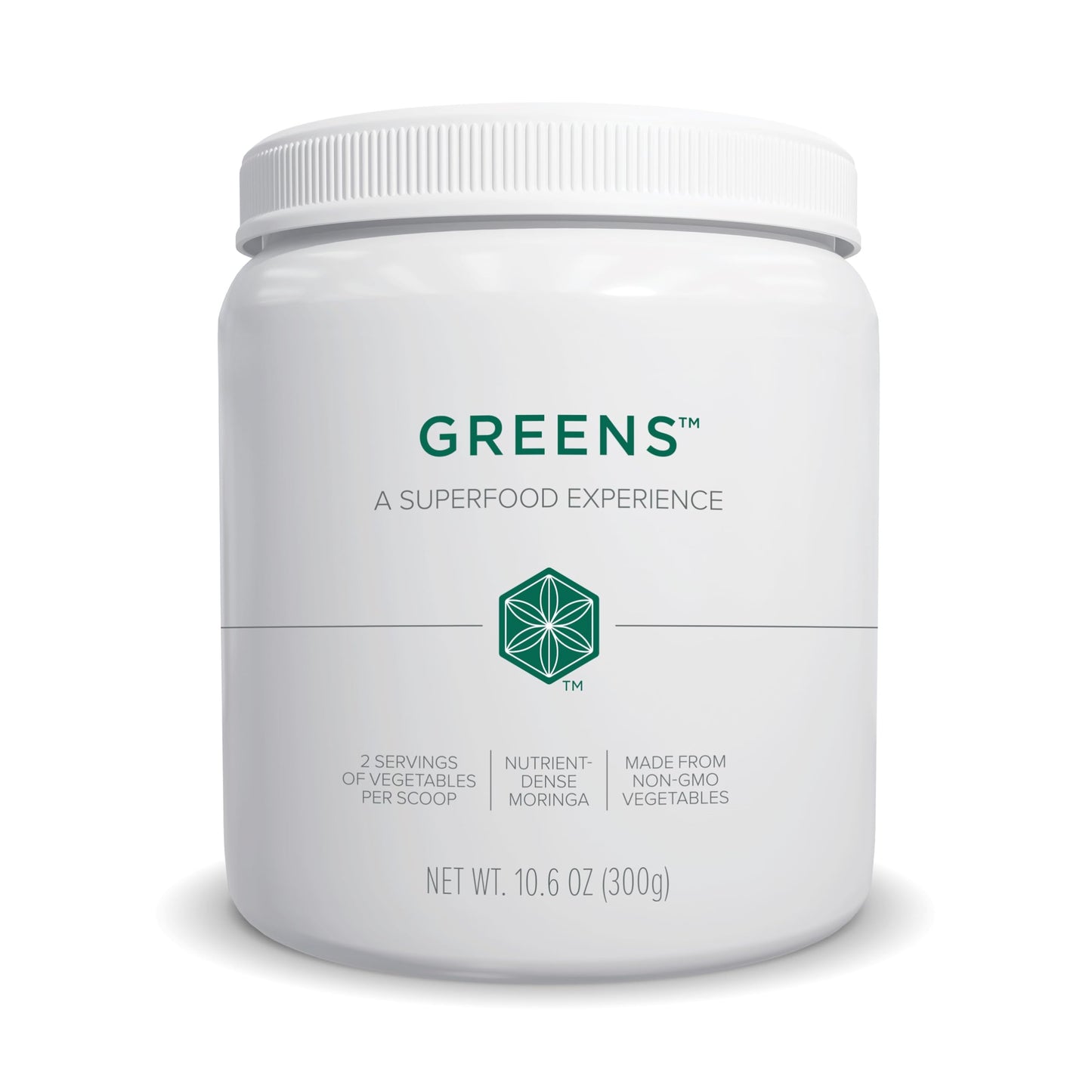 White container labeled 'Greens' on a white background