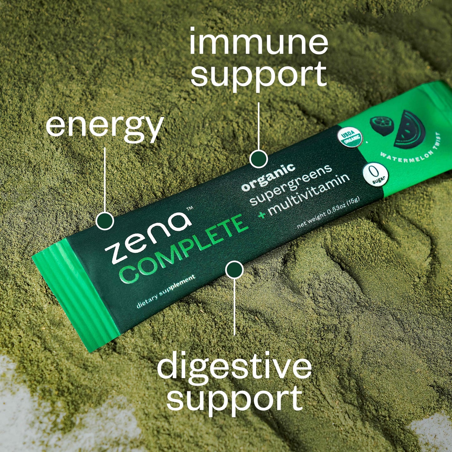 Zena Nutrition Complete Organic Super Greens & Multivitamin – Watermelon Citrus | 30 Packets