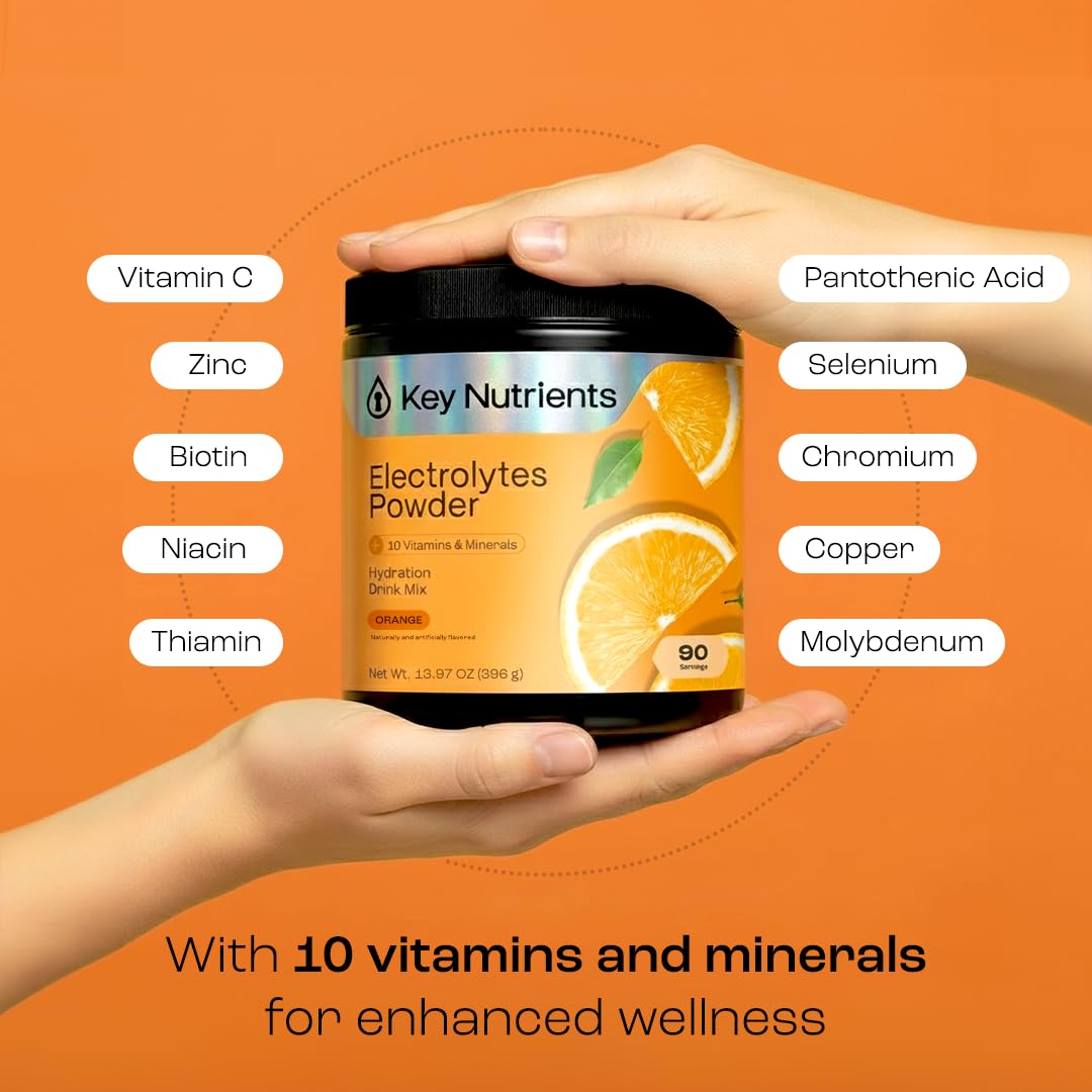 KEY NUTRIENTS Multivitamin Electrolytes Powder No Sugar - Tangy Orange Electrolyte Powder | Hydration & Energy - Made in USA - 90 Servings