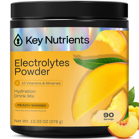 KEY NUTRIENTS Multivitamin Electrolytes Powder No Sugar – Tropical Peach Mango Hydration, 90 Servings, Made in USA - Calm Era
