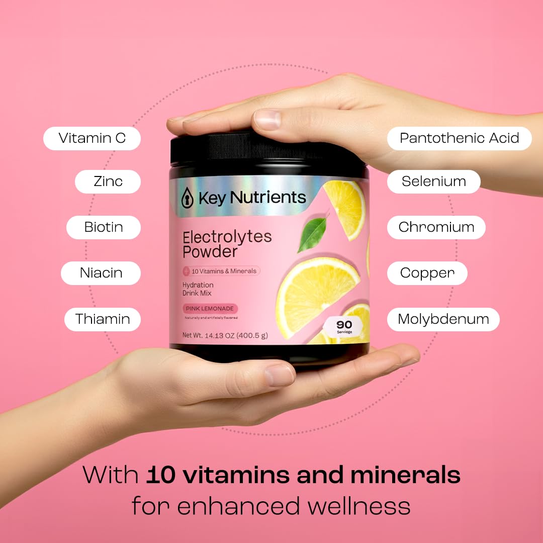 KEY NUTRIENTS Pink Lemonade Electrolyte Powder – No Sugar, 90 Servings, Hydration & Endurance, Made in USA - Calm Era