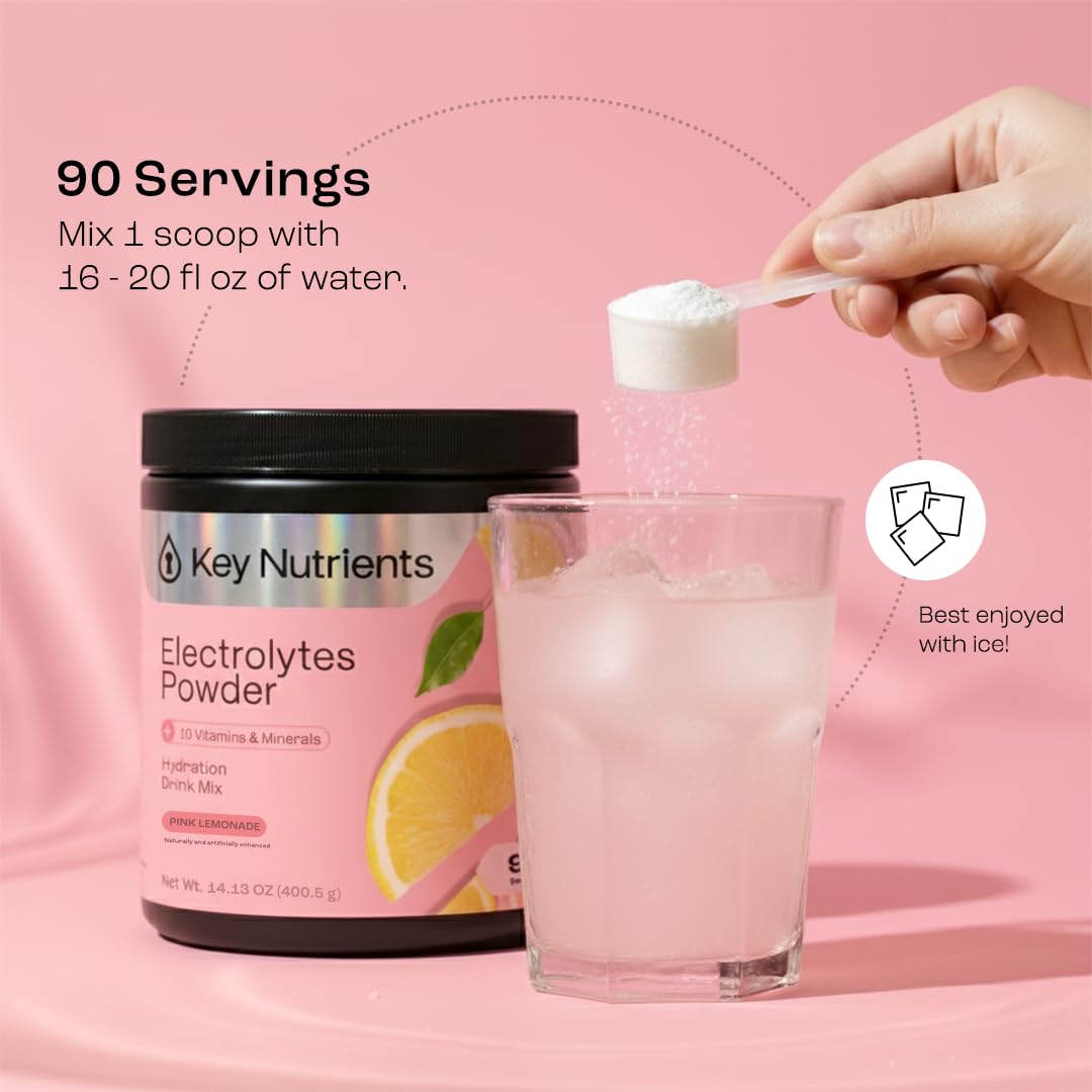 KEY NUTRIENTS Pink Lemonade Electrolyte Powder – No Sugar, 90 Servings, Hydration & Endurance, Made in USA - Calm Era