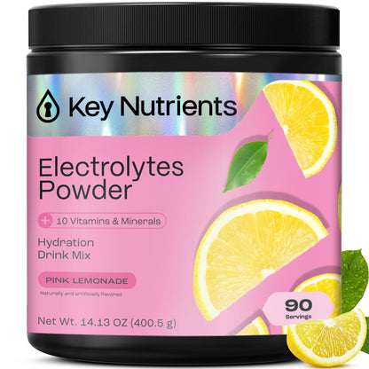 KEY NUTRIENTS Pink Lemonade Electrolyte Powder – No Sugar, 90 Servings, Hydration & Endurance, Made in USA - Calm Era