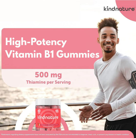 kindnature Vitamin B1 Gummies 500mg – Thiamine for Energy & Focus, 60ct