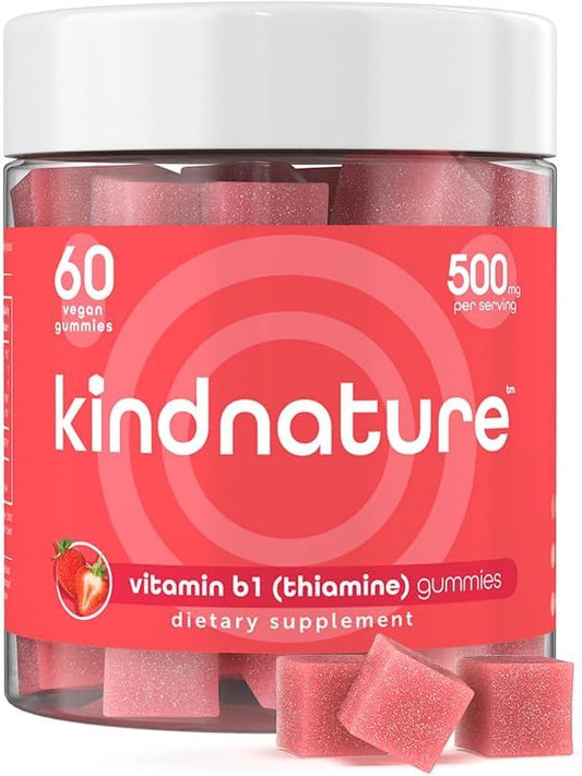 kindnature Vitamin B1 Gummies 500mg – Thiamine for Energy & Focus, 60ct