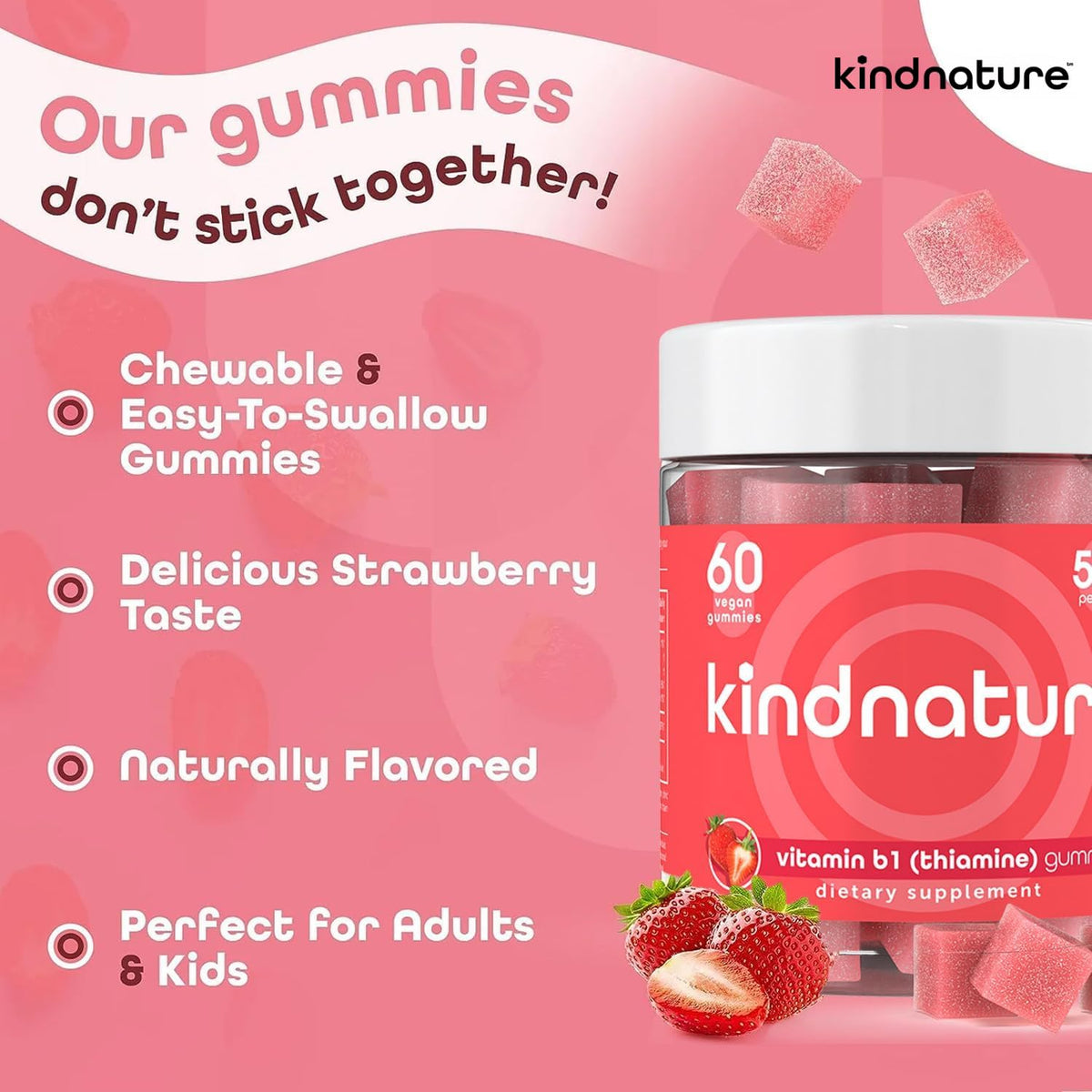 kindnature Vitamin B1 Gummies 500mg – Thiamine for Energy & Focus, 60ct