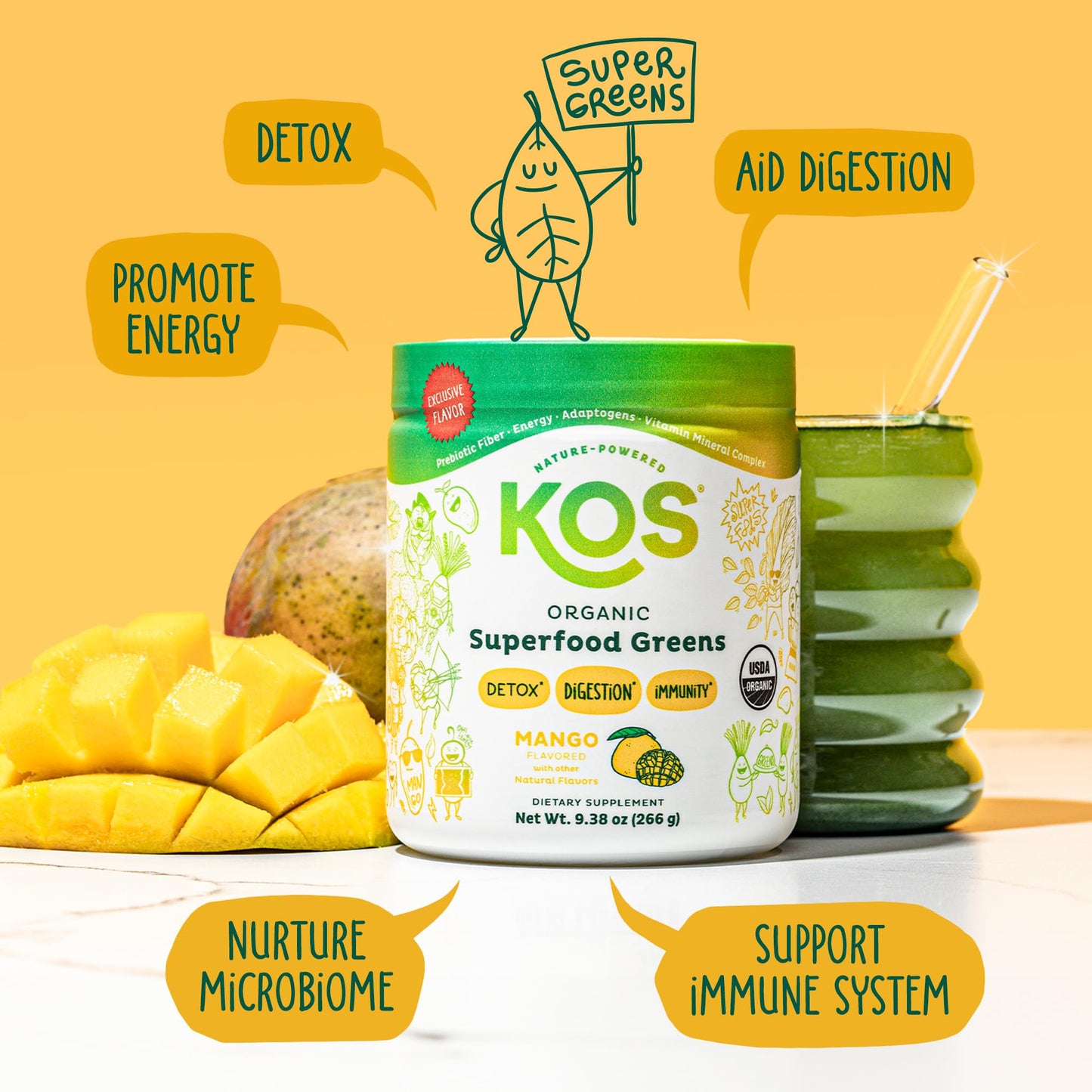 KOS Organic Superfood Greens Powder — Mango, 28 Servings