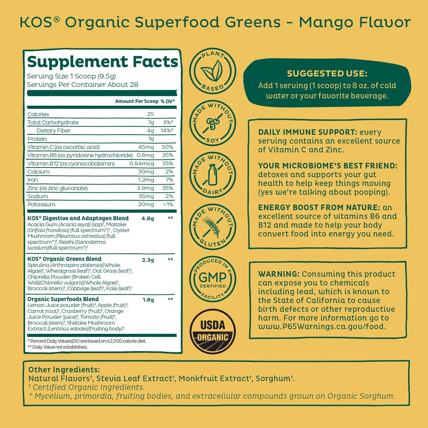 KOS Organic Superfood Greens Powder — Mango, 28 Servings