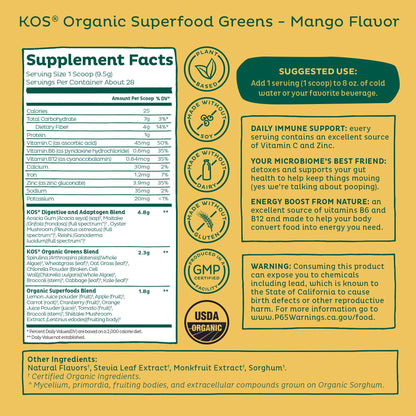 KOS Organic Superfood Greens Powder — Mango, 28 Servings