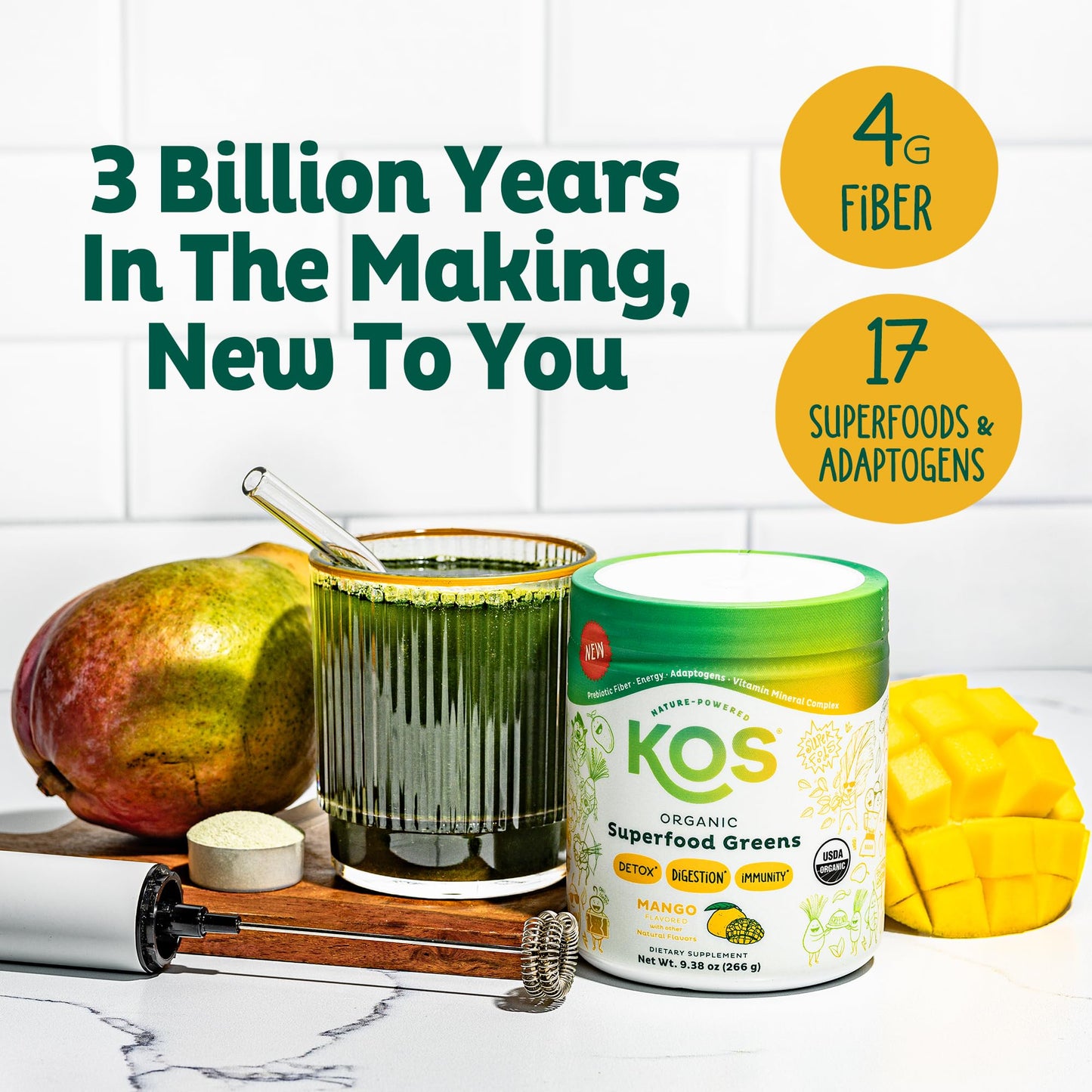 KOS Organic Superfood Greens Powder — Mango, 28 Servings