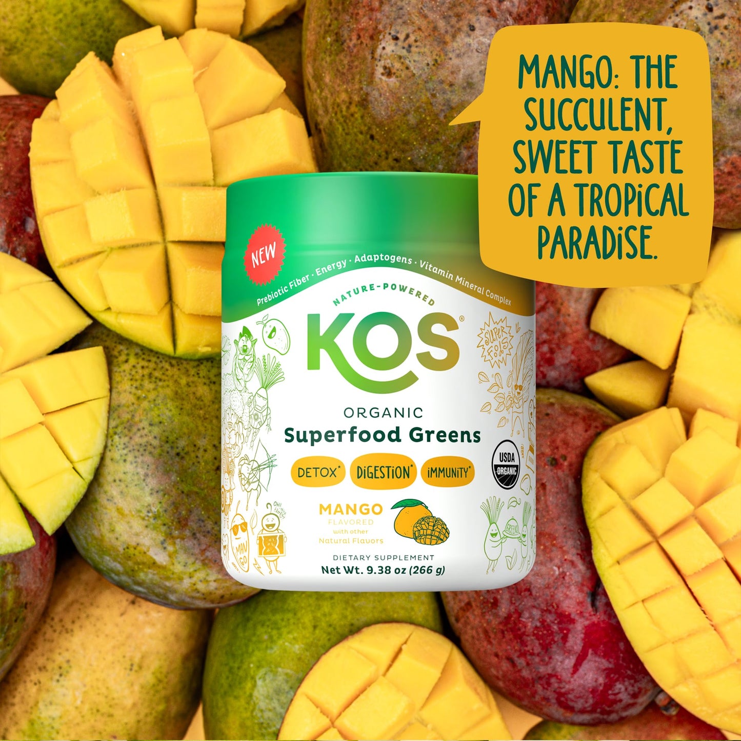 KOS Organic Superfood Greens Powder — Mango, 28 Servings