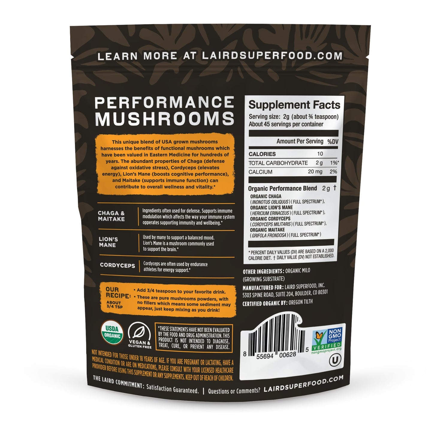 Laird Superfood Organic Performance Mushroom Blend 3.17oz