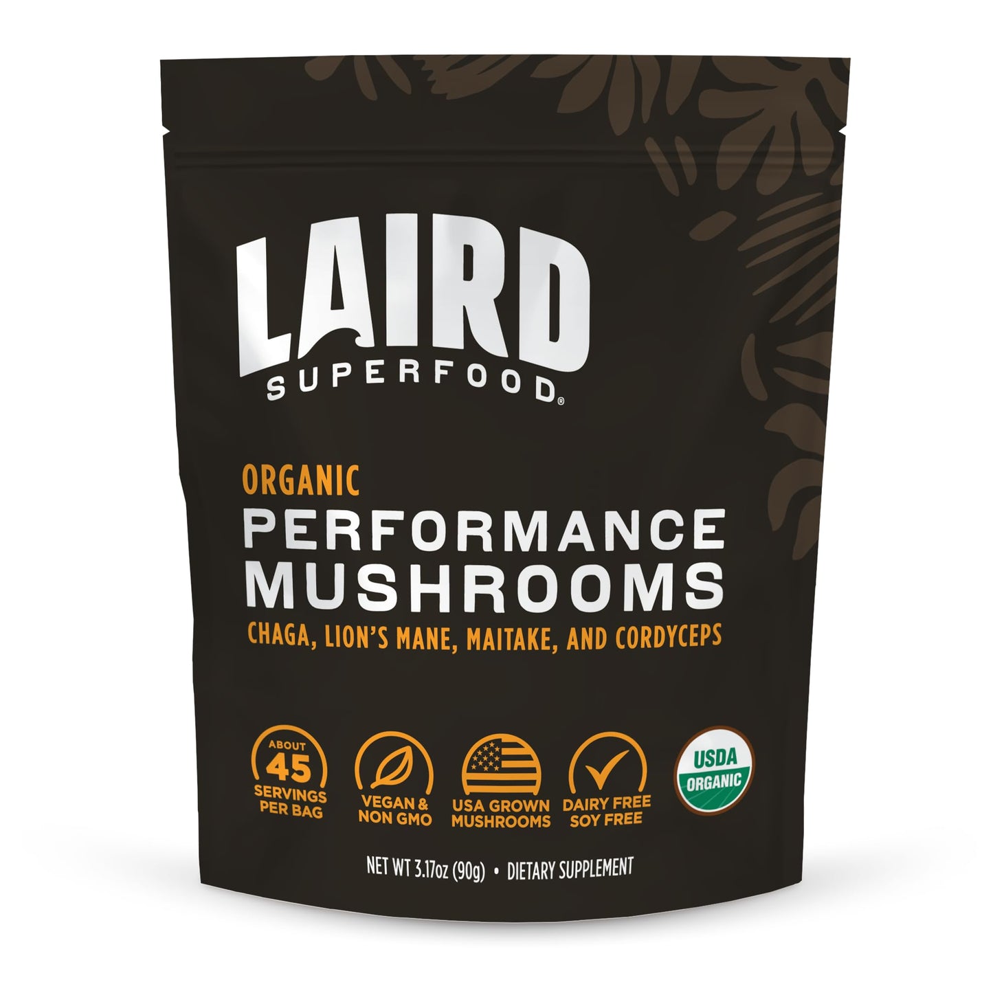 Package of Laird Superfood Performance Mushrooms on a white background