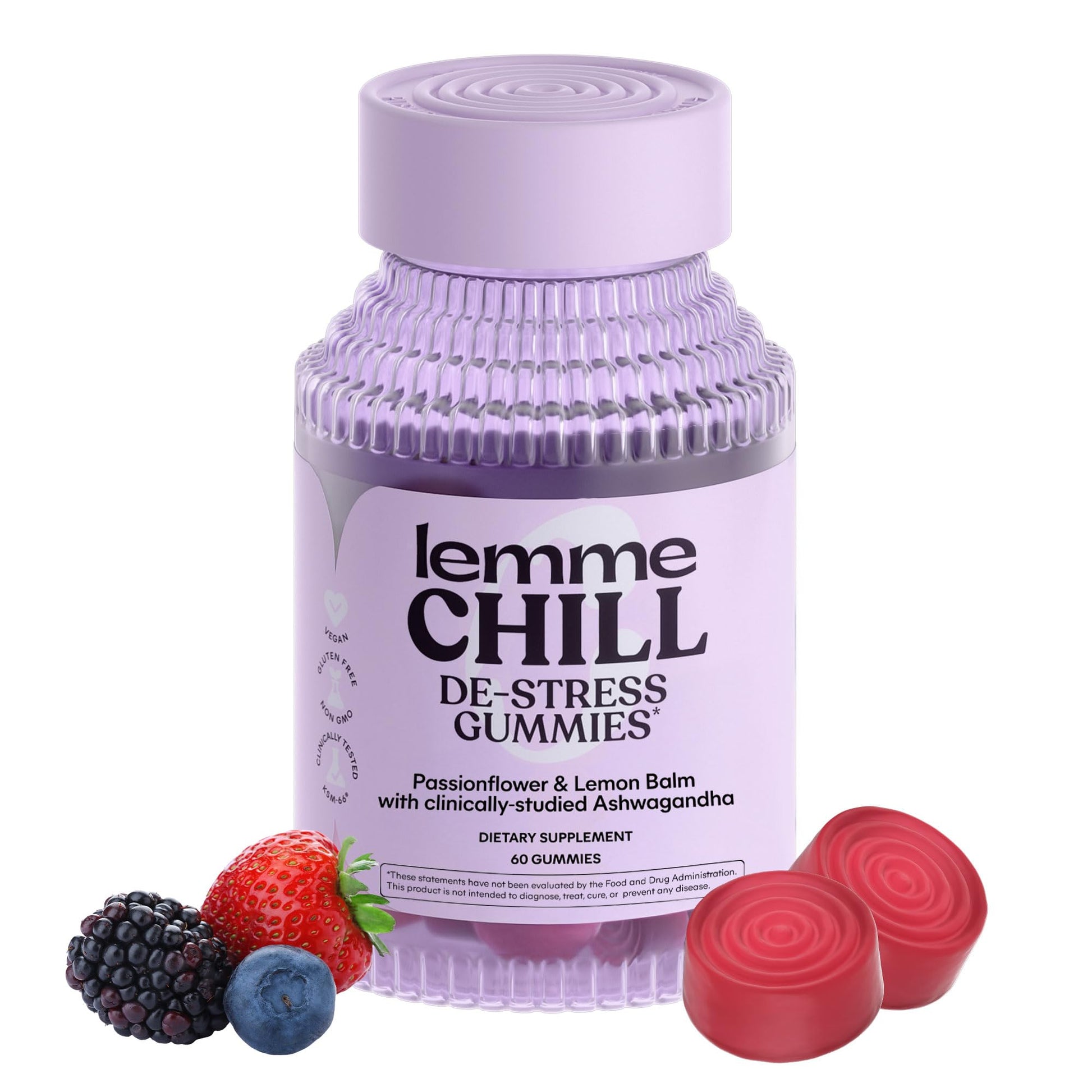 Lemme Chill de-stress gummies packaging with gummies and fruits on a white background