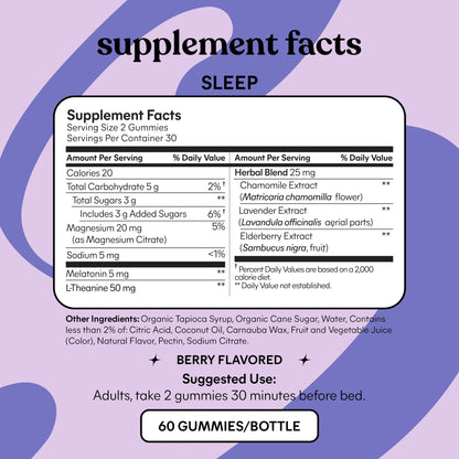 Lemme Sleep Gummies – 5mg Melatonin, Magnesium & L-Theanine Berry 60 Count