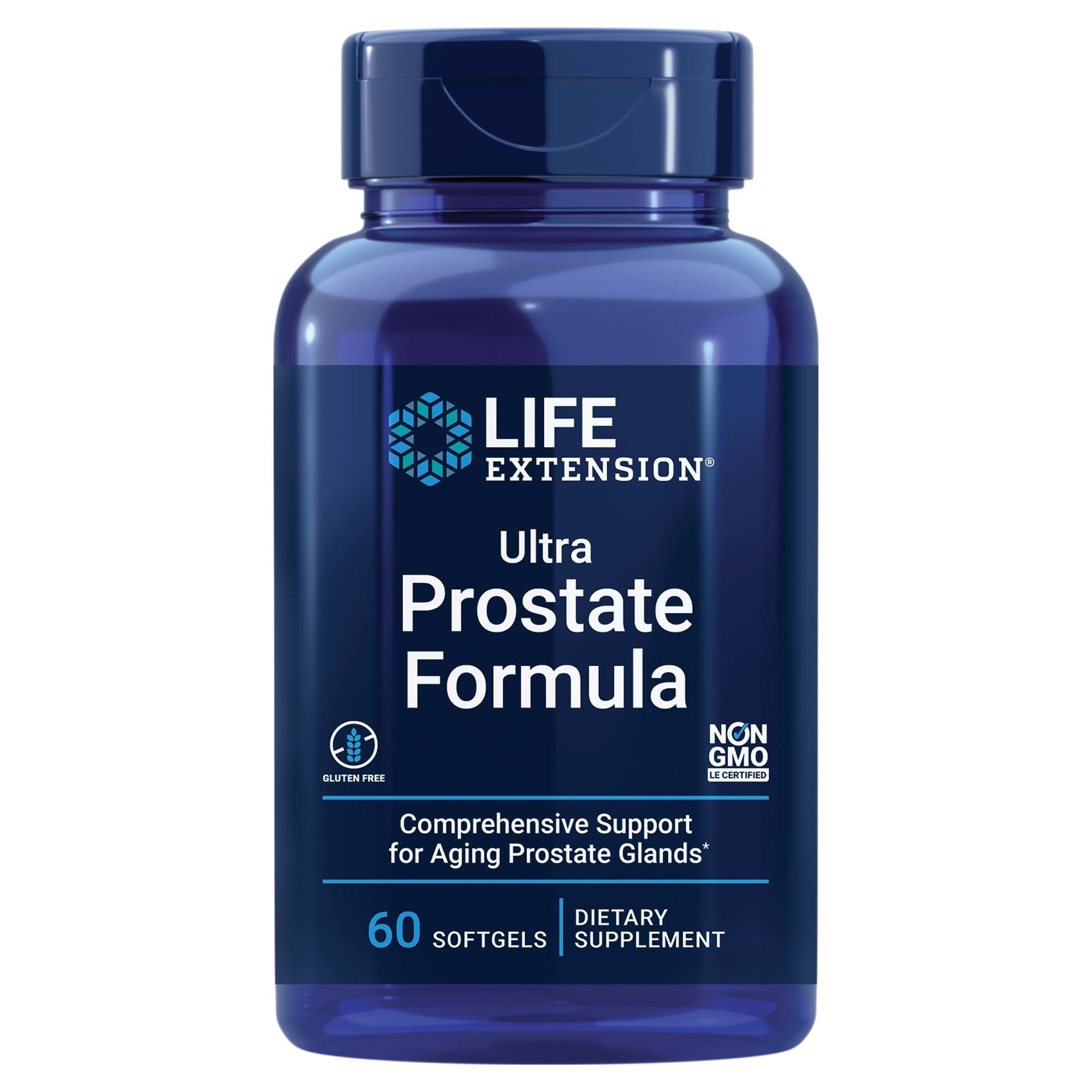 Blue supplement bottle labeled 'Ultra Prostate Formula' by Life Extension on a white background