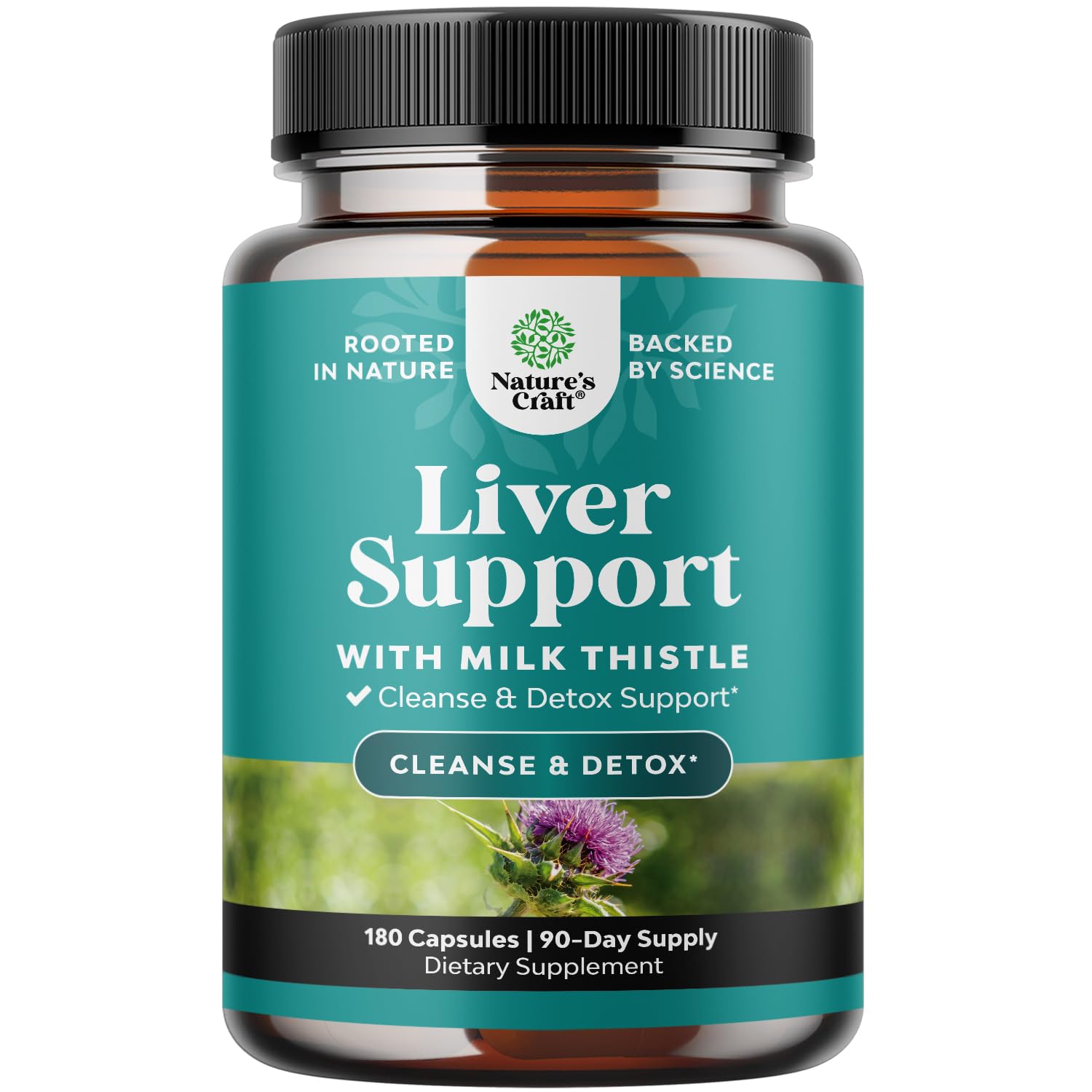 Supplement bottle labeled 'Liver Support with Milk Thistle' by Nature's Craft on a white background.