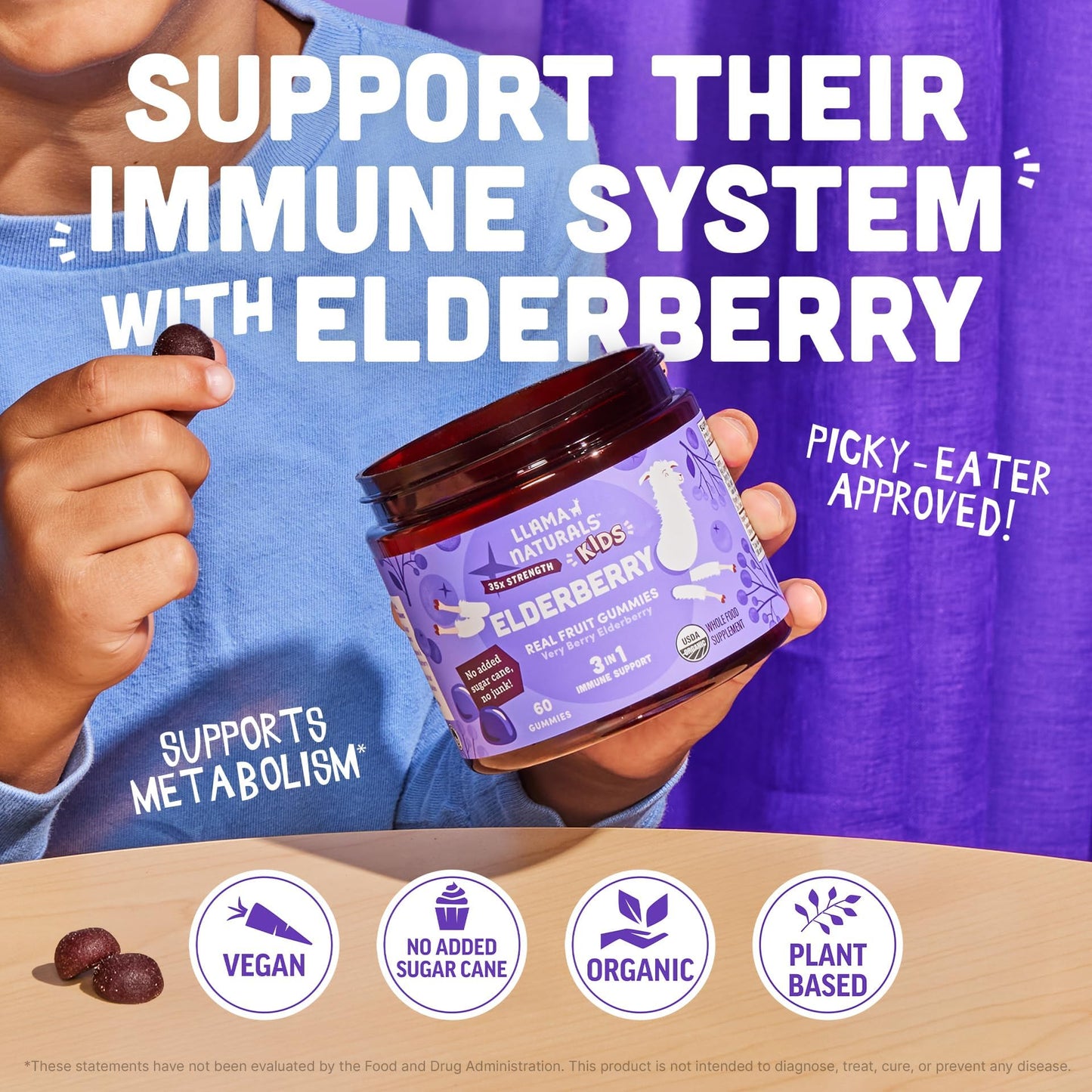 Llama Naturals Elderberry Gummies for Kids – Vegan Organic Immune Support with Vitamin C & Zinc | 120 Count