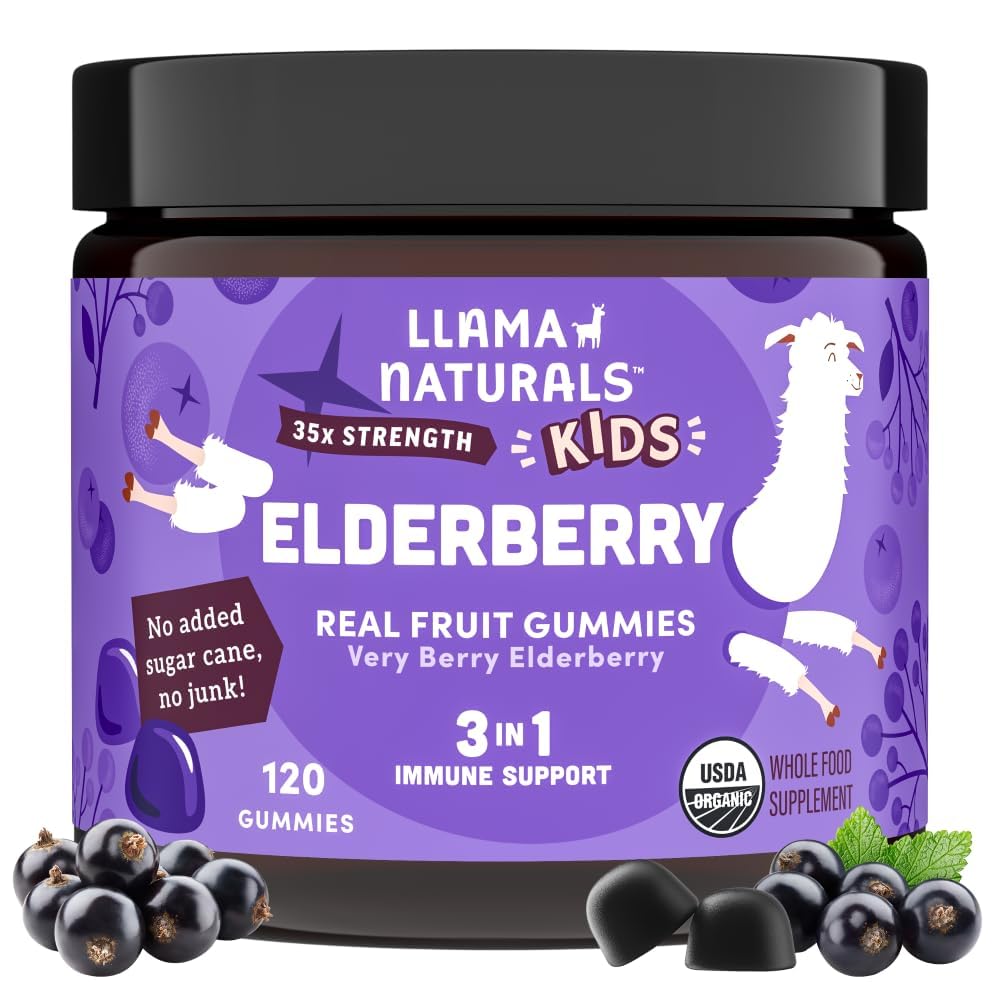 Llama Naturals Elderberry Gummies for Kids – Vegan Organic Immune Support with Vitamin C & Zinc | 120 Count