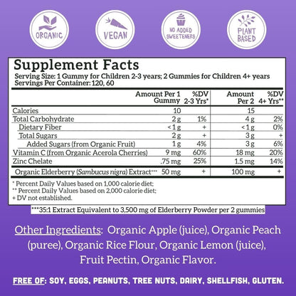 Llama Naturals Elderberry Gummies for Kids – Vegan Organic Immune Support with Vitamin C & Zinc | 120 Count