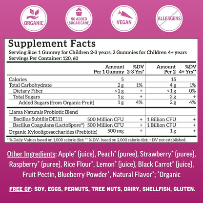 Llama Naturals Kids Probiotic + Prebiotic Gummies – Vegan | 120 Count