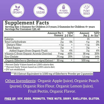 Llama Naturals Elderberry Gummies for Kids – Vegan Organic Immune Support with Vitamin C & Zinc | 120 Count