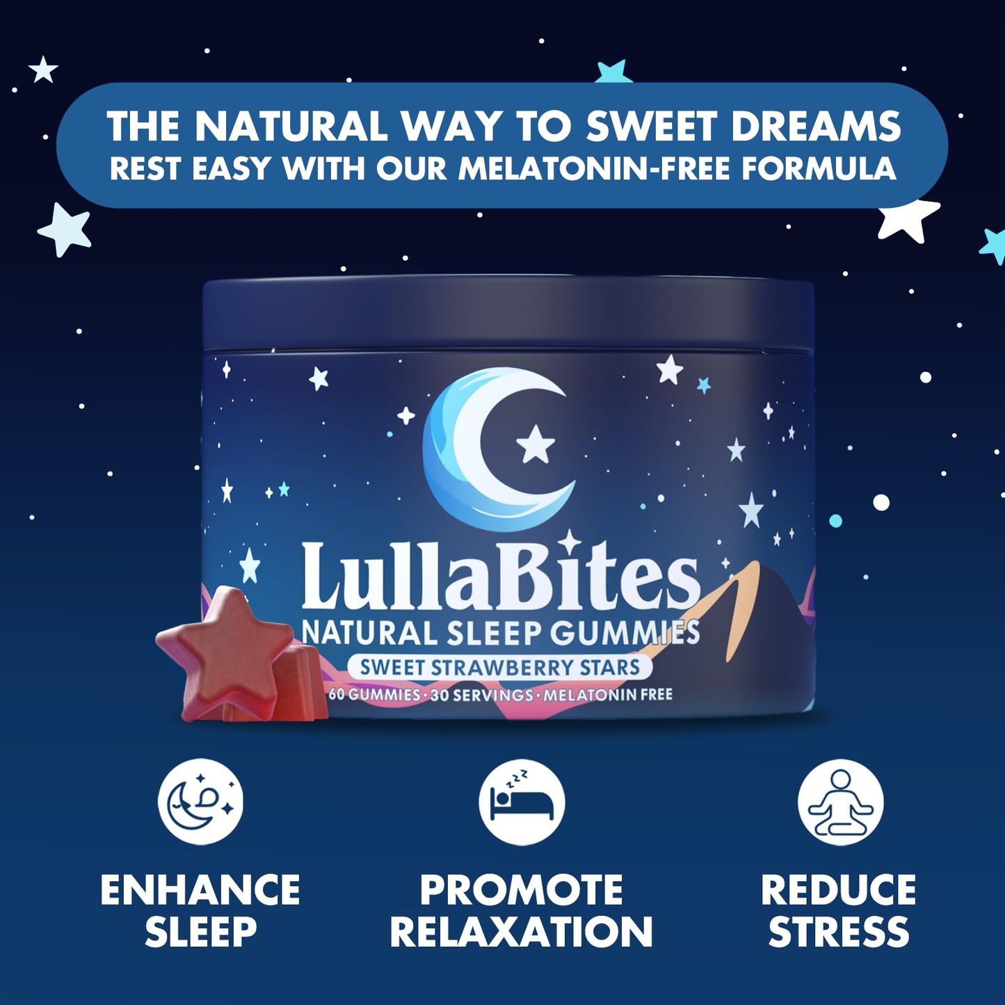 LullaBites Natural Sleep Gummies – Melatonin-Free, 5-HTP & L-Theanine | Vegan & Halal | Strawberry | 60 Gummies