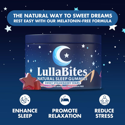 LullaBites Natural Sleep Gummies – Melatonin-Free, 5-HTP & L-Theanine | Vegan & Halal | Strawberry | 60 Gummies