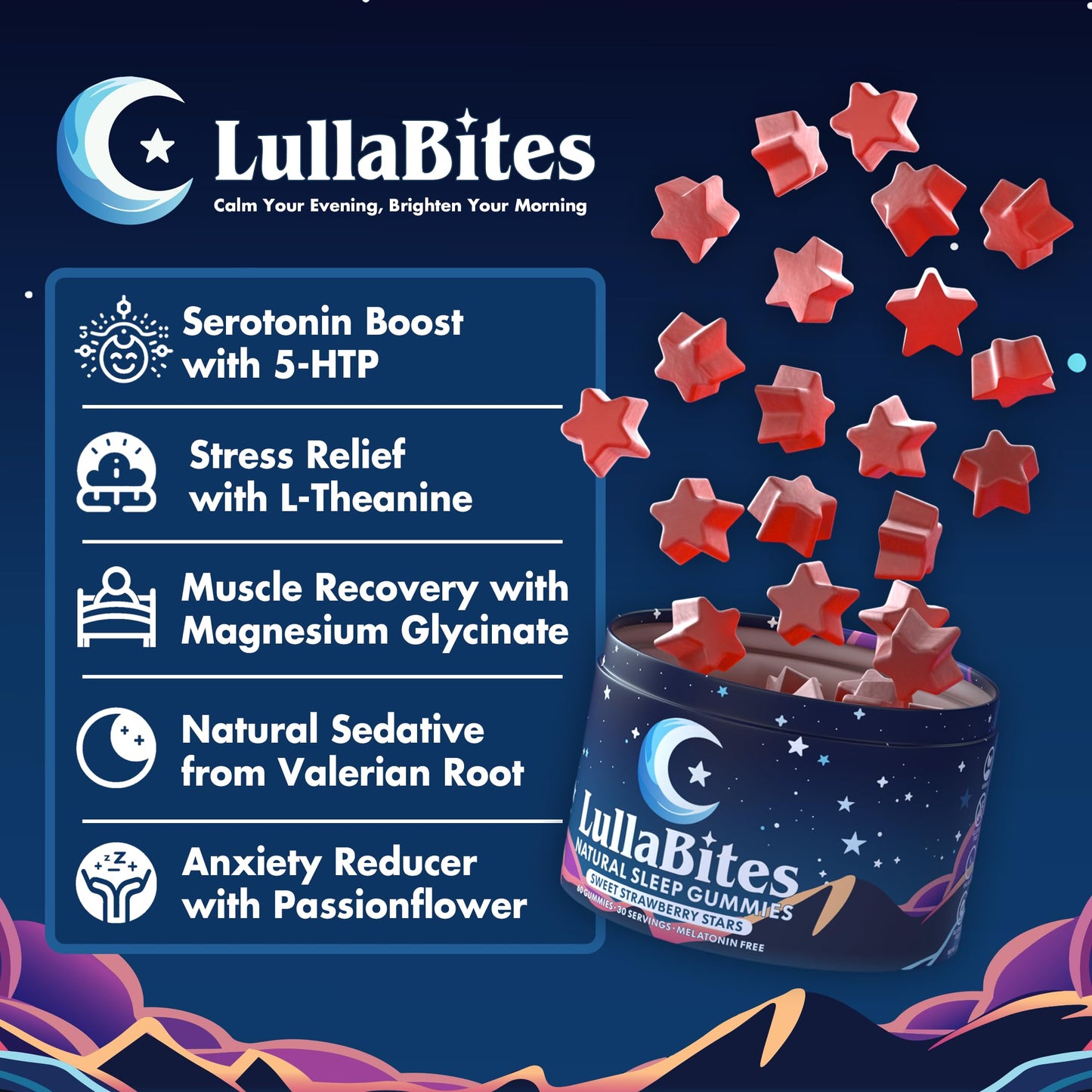 LullaBites Natural Sleep Gummies – Melatonin-Free, 5-HTP & L-Theanine | Vegan & Halal | Strawberry | 60 Gummies