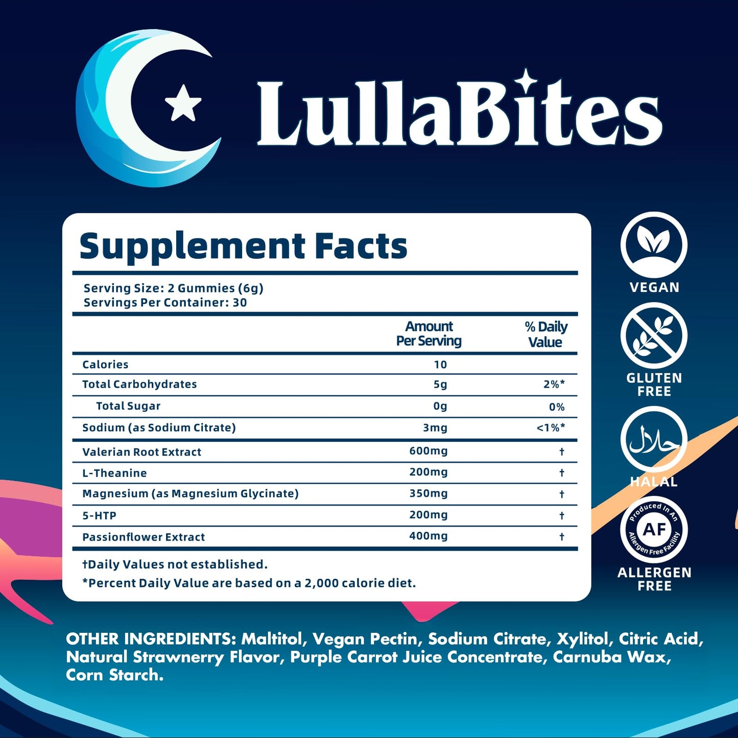 LullaBites Natural Sleep Gummies – Melatonin-Free, 5-HTP & L-Theanine | Vegan & Halal | Strawberry | 60 Gummies