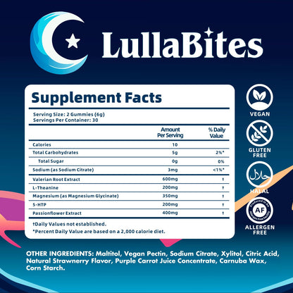 LullaBites Natural Sleep Gummies – Melatonin-Free, 5-HTP & L-Theanine | Vegan & Halal | Strawberry | 60 Gummies