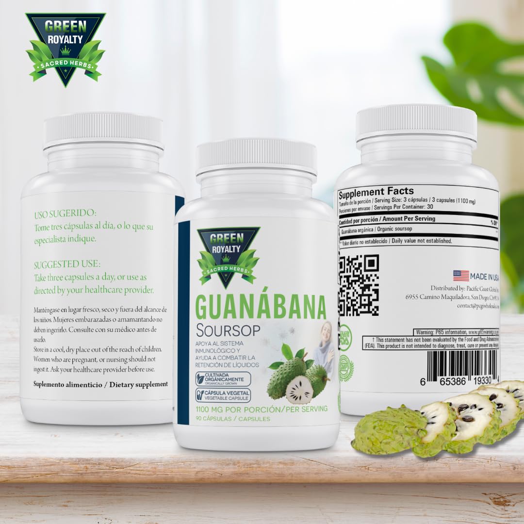 Graviola Soursop Capsules 1100mg — 90 Vegan Capsules, Made in USA