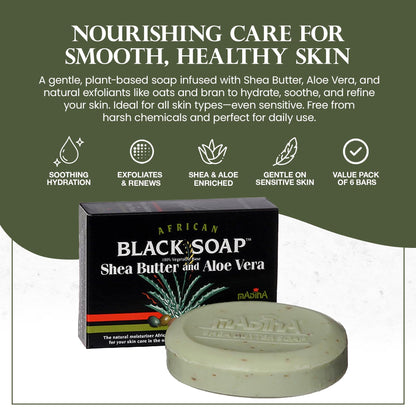 Madina African Black Soap Bar — Shea Butter & Aloe 6-Pack