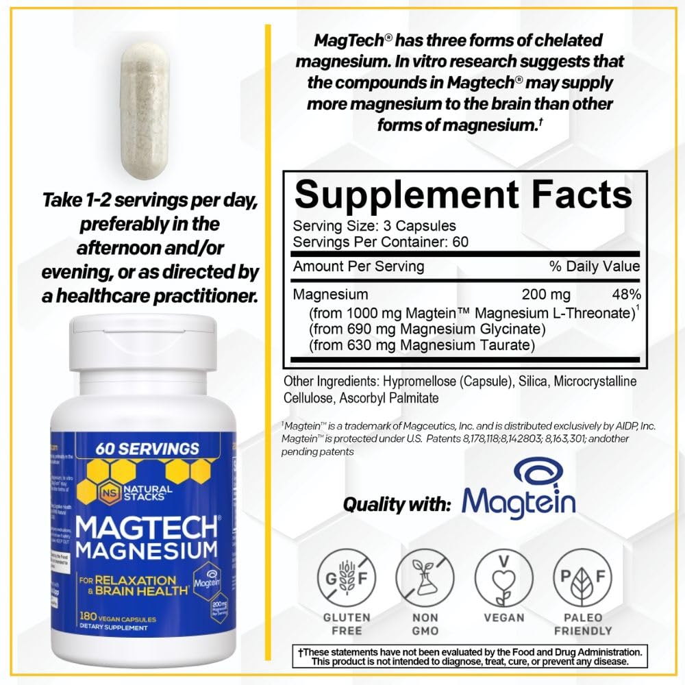 MagTech Magnesium Complex - 3-Form Magnesium (Magtein L-Threonate, Glycinate & Taurate) 200mg, 180 Capsules | NATURAL STACKS - Calm Era