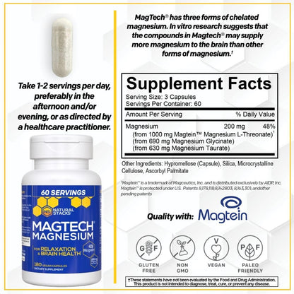 MagTech Magnesium Complex - 3-Form Magnesium (Magtein L-Threonate, Glycinate & Taurate) 200mg, 180 Capsules | NATURAL STACKS - Calm Era
