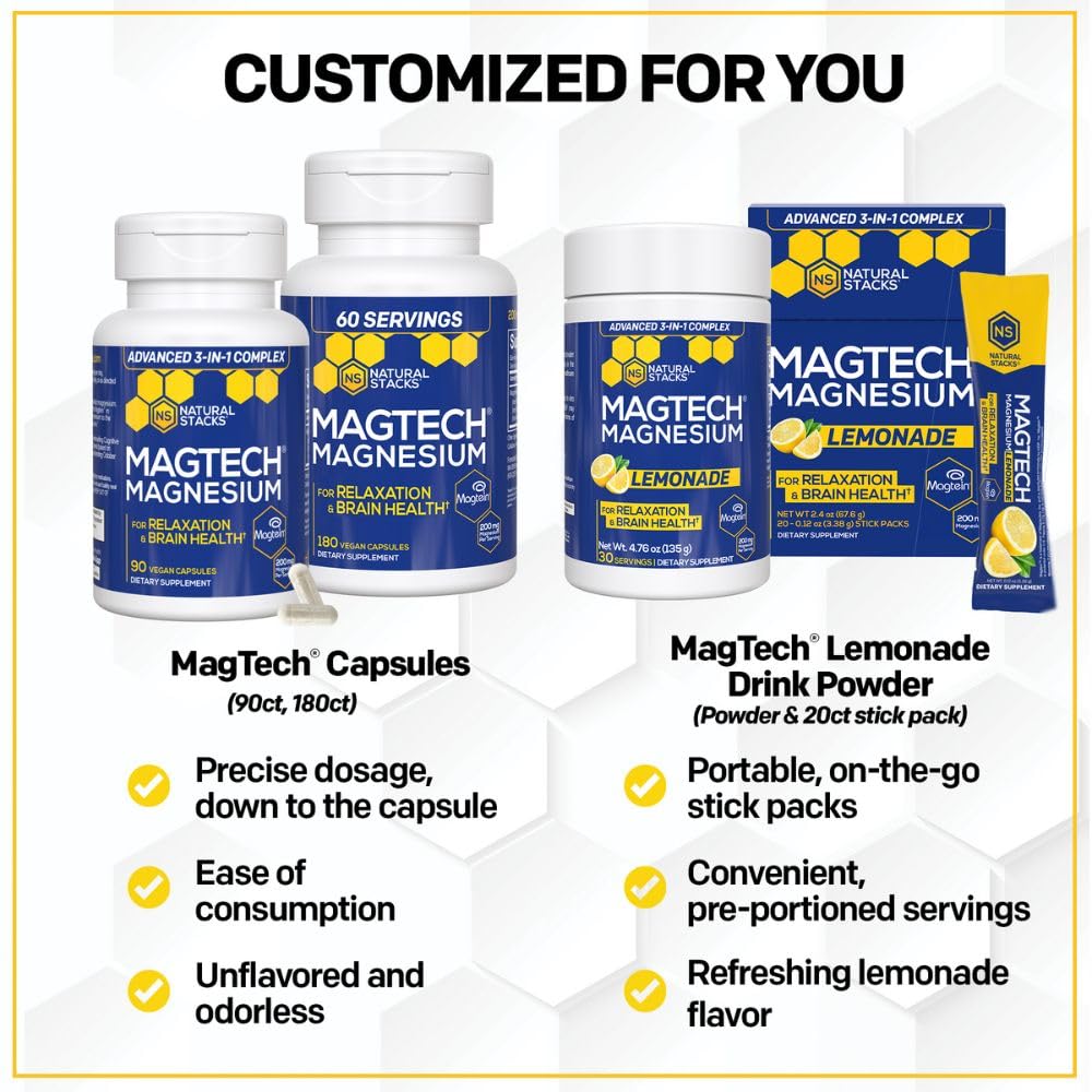 MagTech Magnesium Complex - 3-Form Magnesium (Magtein L-Threonate, Glycinate & Taurate) 200mg, 180 Capsules | NATURAL STACKS - Calm Era