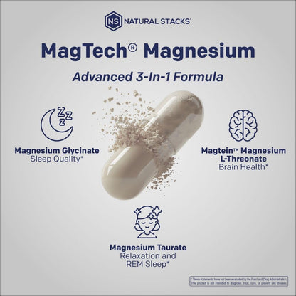 MagTech Magnesium Complex - 3-Form Magnesium (Magtein L-Threonate, Glycinate & Taurate) 200mg, 180 Capsules | NATURAL STACKS - Calm Era
