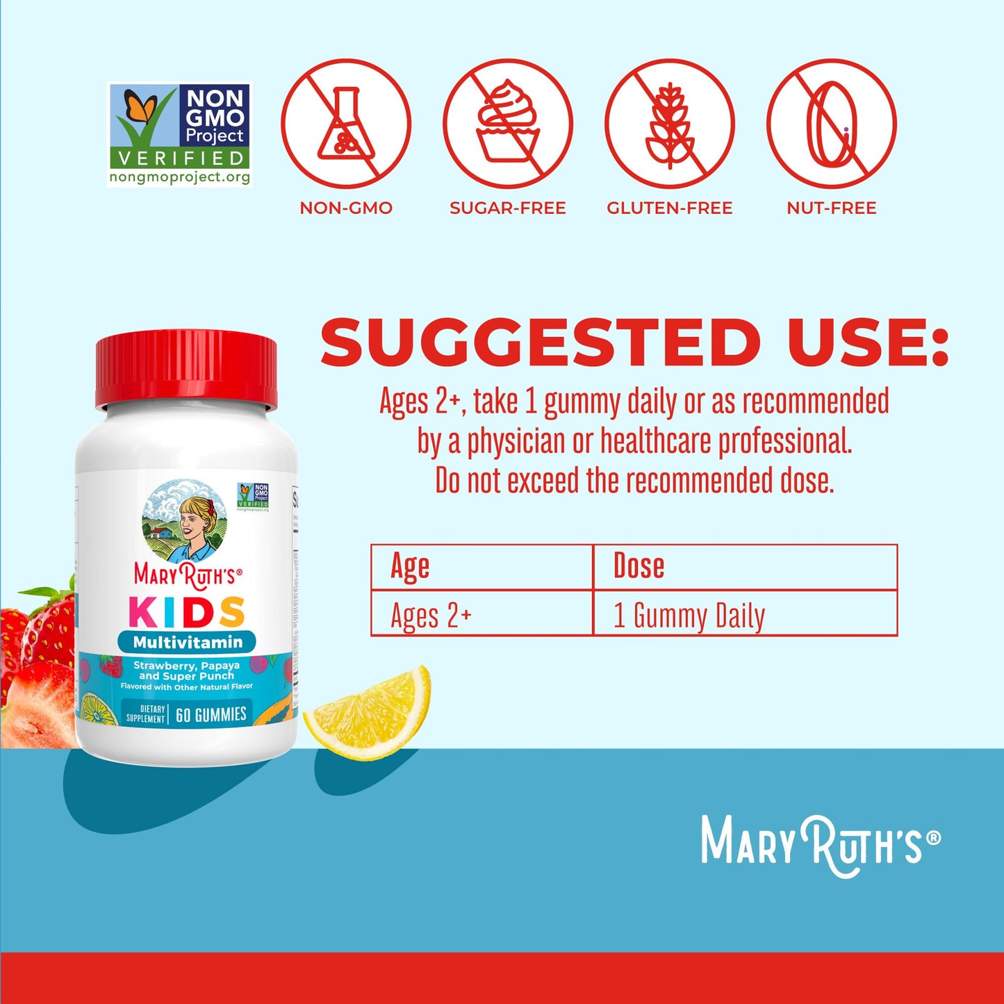 MaryRuth Organics Kids Multivitamin Gummies – Sugar-Free, Vegan | Ages 2+ | 60 Count