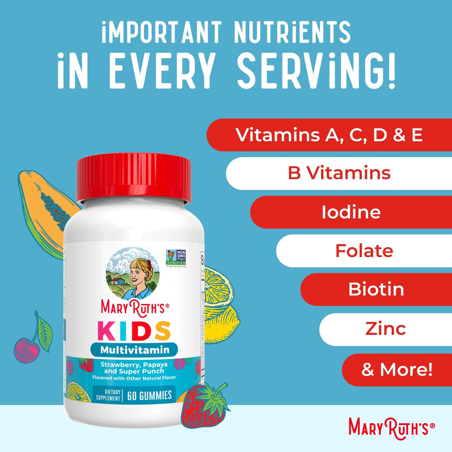 MaryRuth Organics Kids Multivitamin Gummies – Sugar-Free, Vegan | Ages 2+ | 60 Count