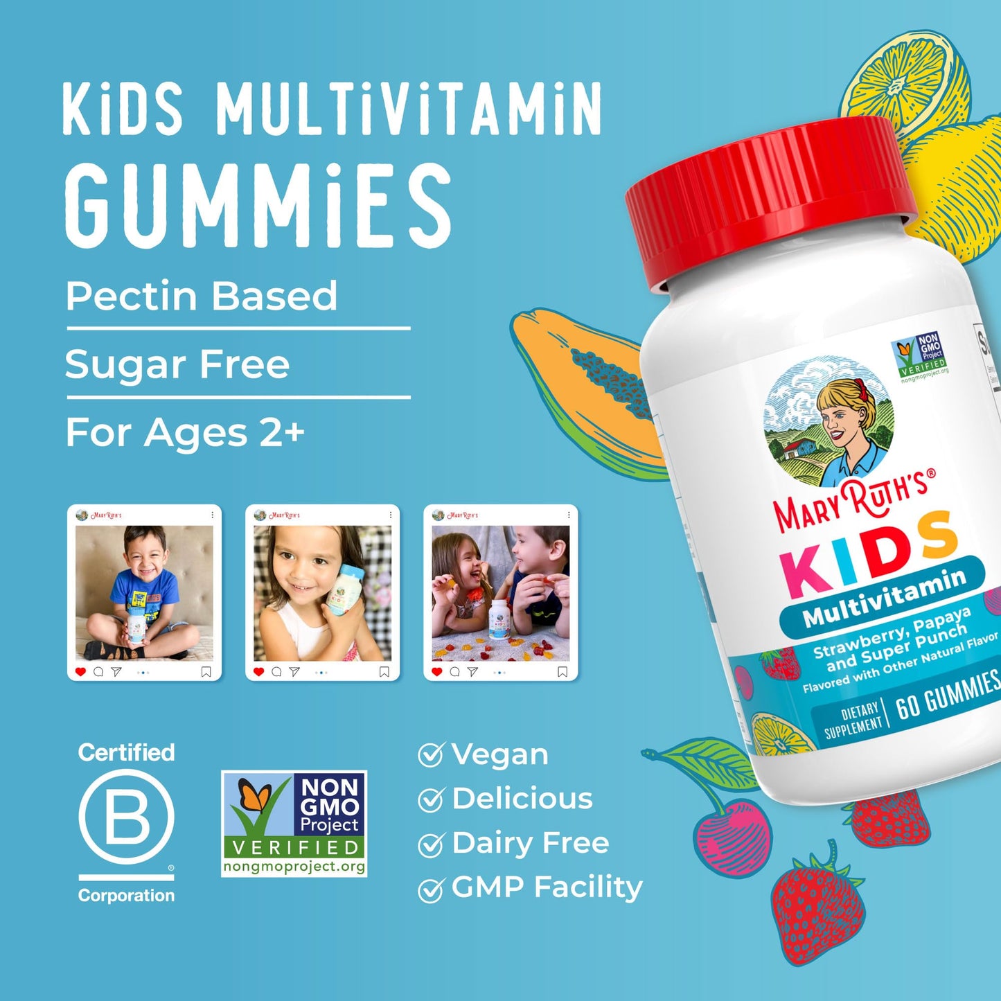 MaryRuth Organics Kids Multivitamin Gummies – Sugar-Free, Vegan | Ages 2+ | 60 Count
