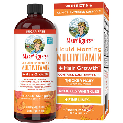 MaryRuth Organics Liquid Multivitamin + Hair Growth with Lustriva – Thicker Hair, Smoother Skin | Biotin 10000mcg | 30 Fl Oz